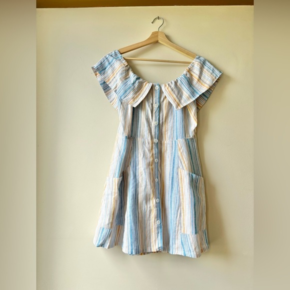 REFORMATION| Marbella striped linen off the shoulder dress| 12 - Picture 6 of 9